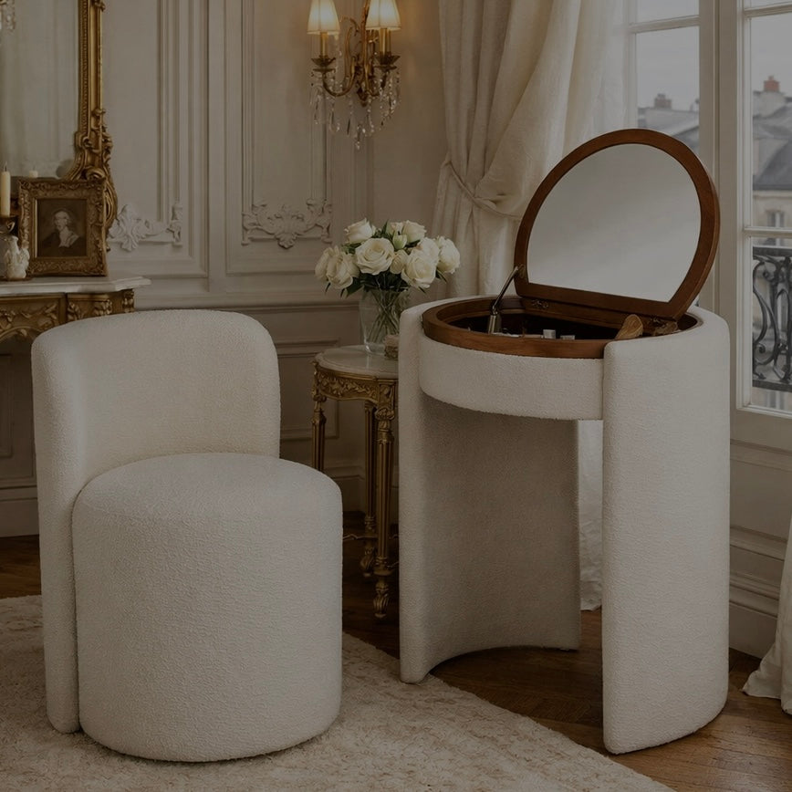 Elise Bouclé Vanity Chair met Opbergruimte & Spiegel – Luxe Ivoor Make-up Opbergstoel