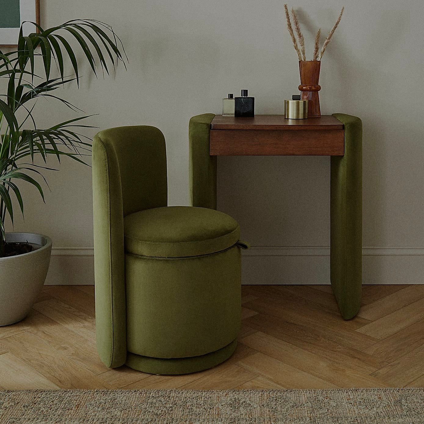 Verda Velvet Vanity Chair met Opbergruimte & Spiegel – Luxe Groene Make-up Opbergstoel