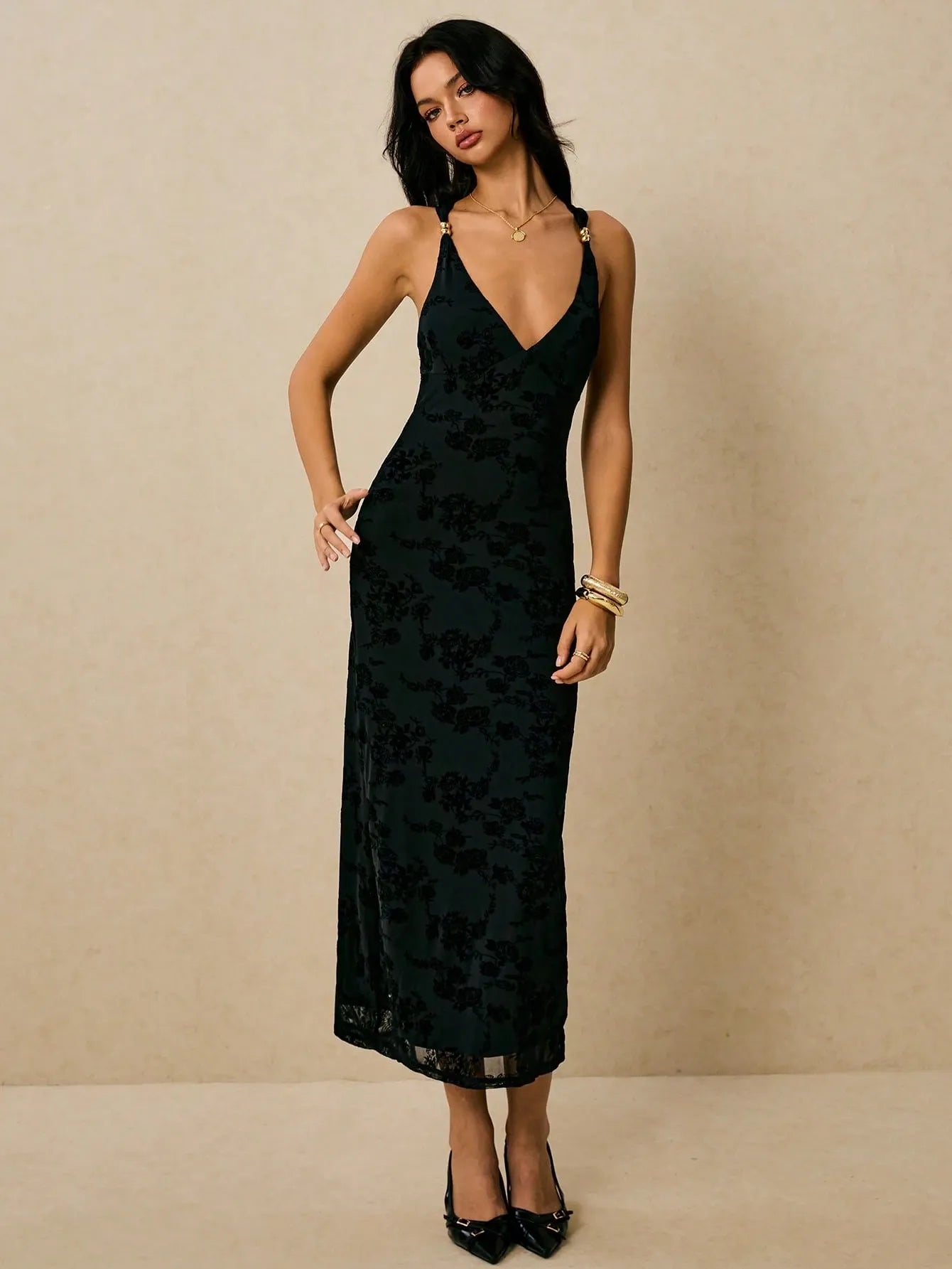 Noir Jacquard Slip Dress