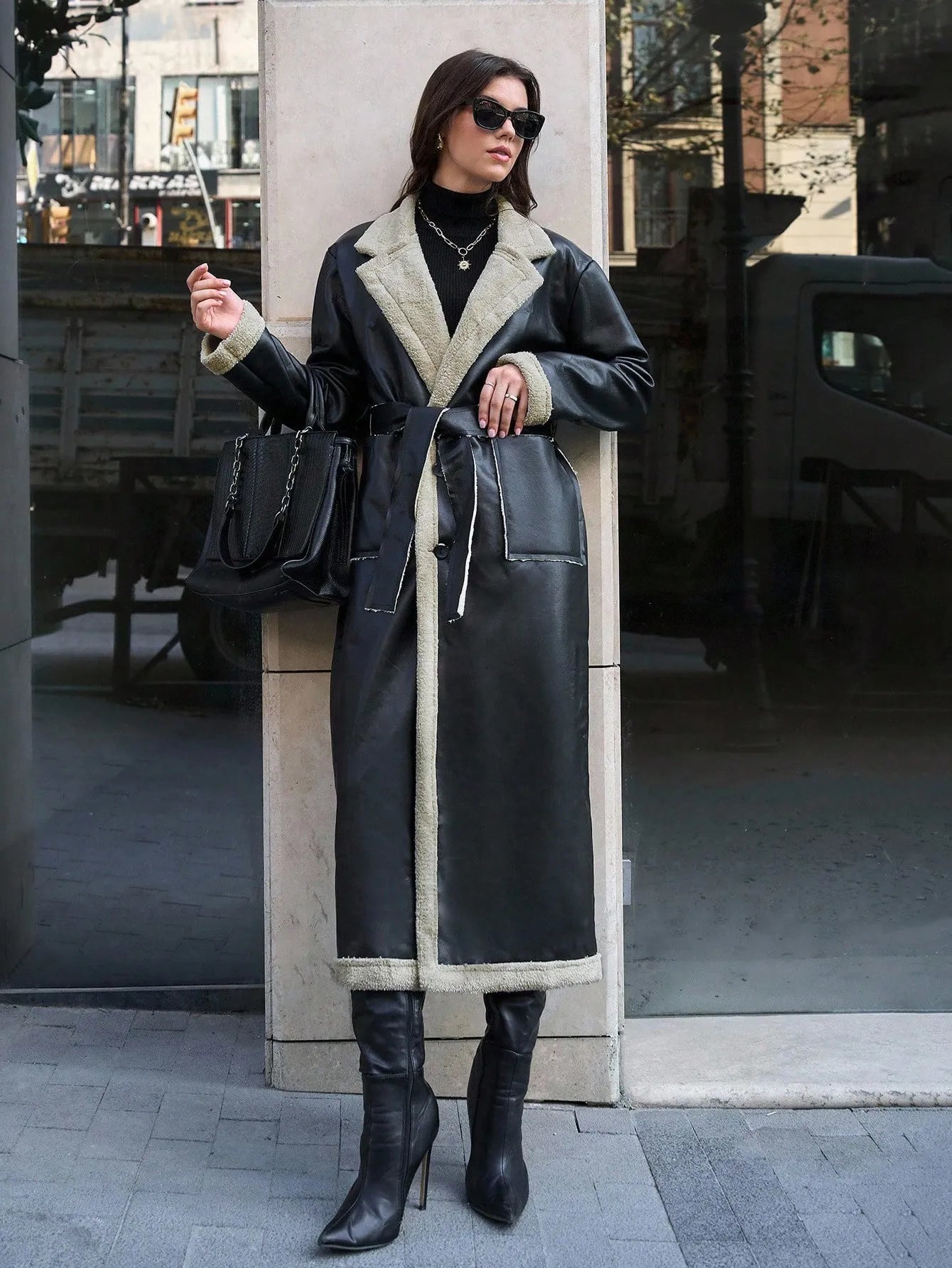 Long leather jacket fleece