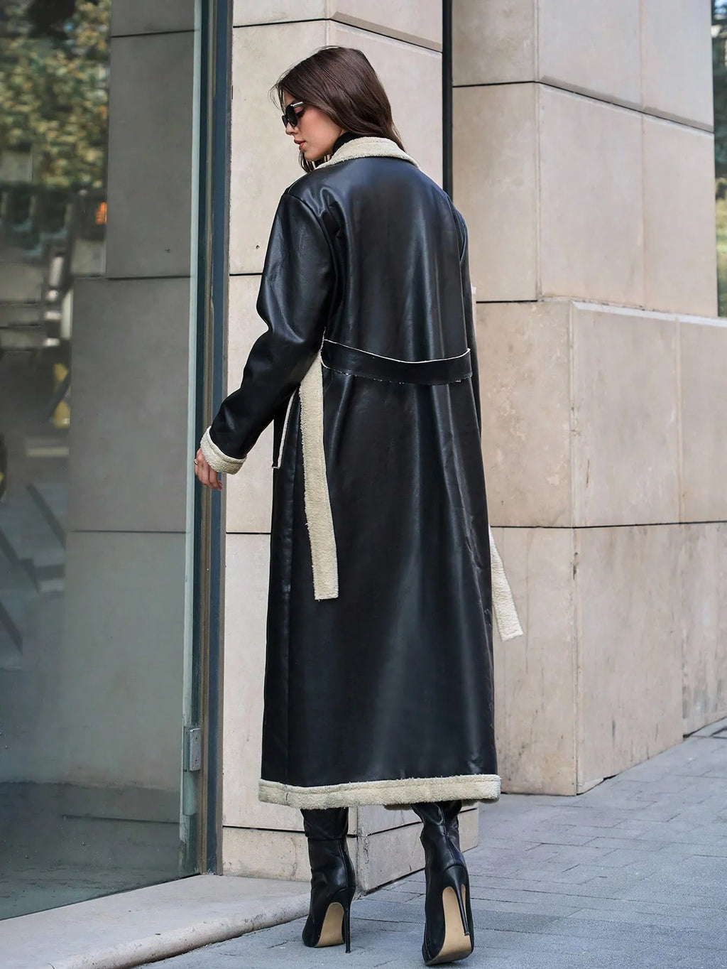 Long leather jacket fleece