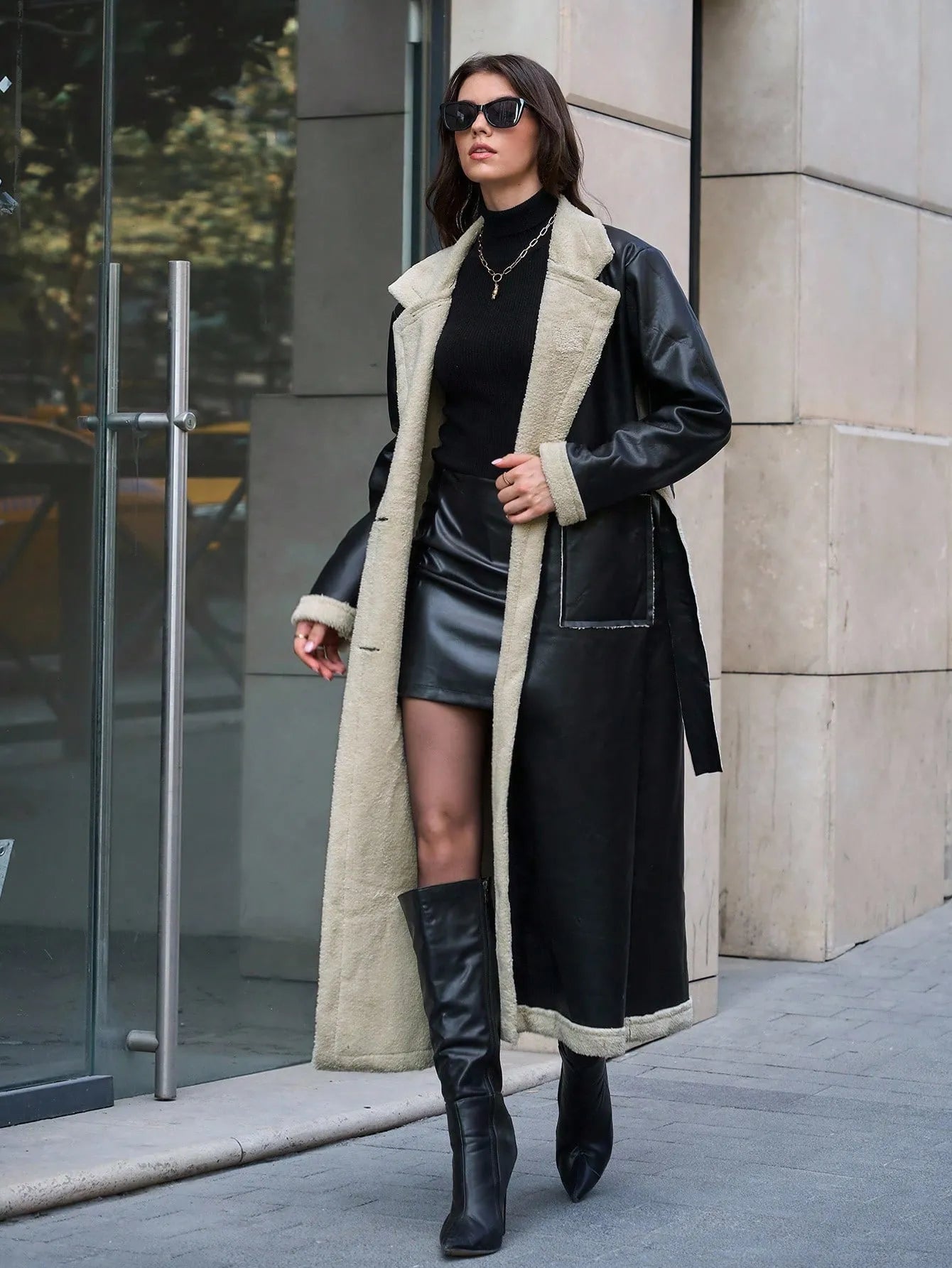 Long leather jacket fleece