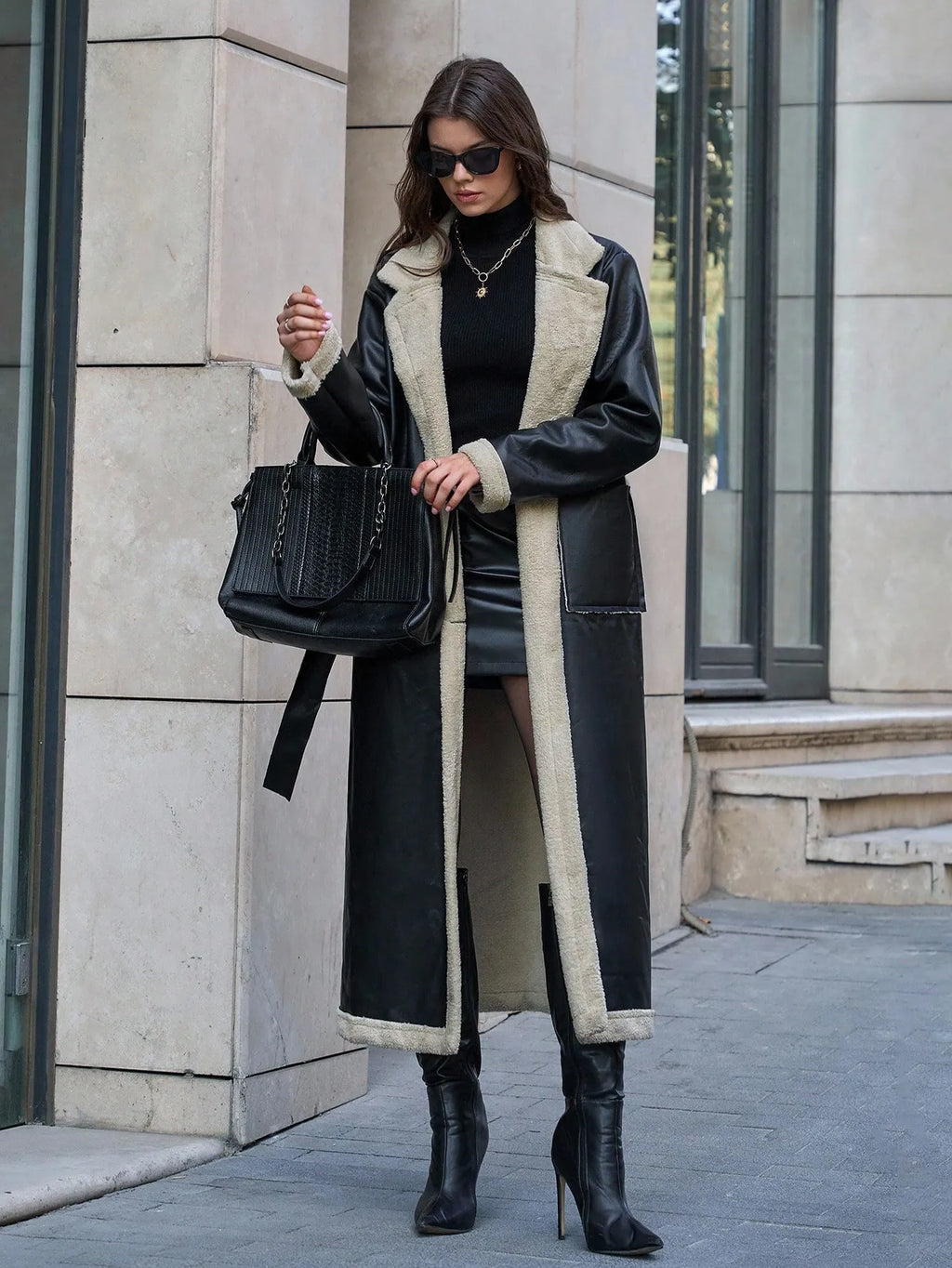 Long leather jacket fleece