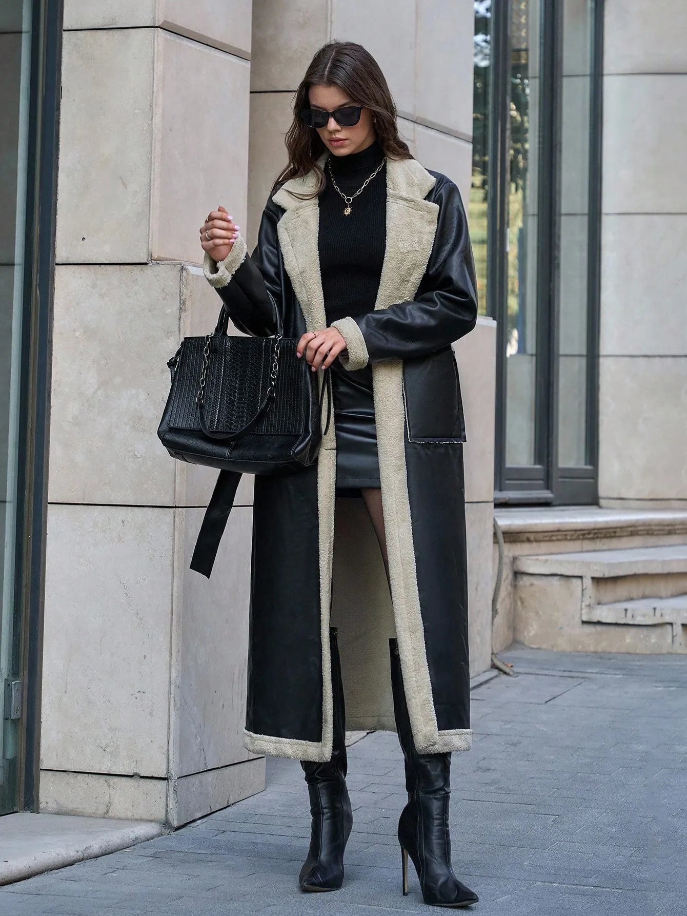 Long leather jacket fleece