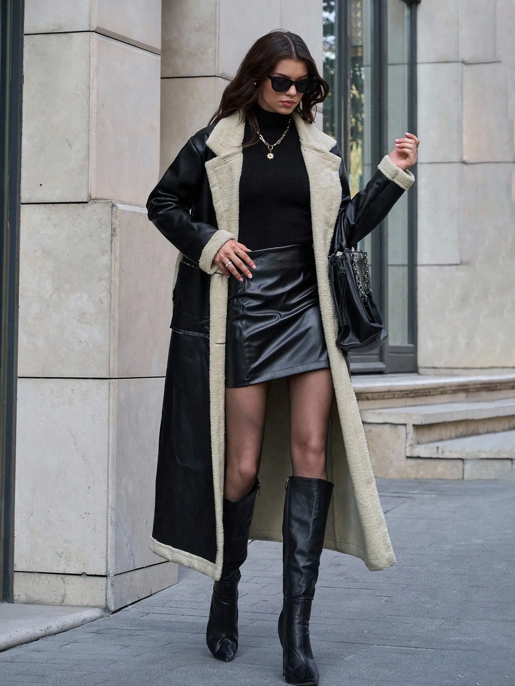 Long leather jacket fleece